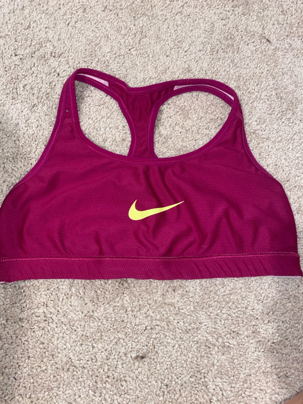 Nike Women's Fuchsia reversible Racerback Sports Bra with Yellow Swoosh